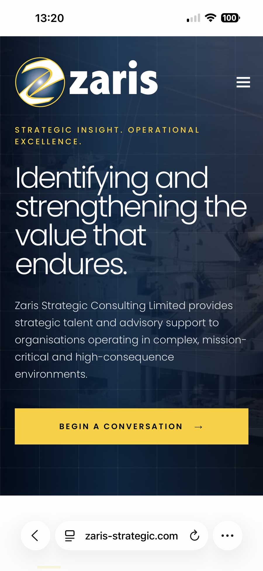 Zaris Strategic mobile homepage